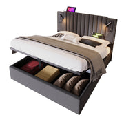 Letti contenitori 180x200 cm; testiera regolabile con luce e USB; cotone grigio (Senza materasso)