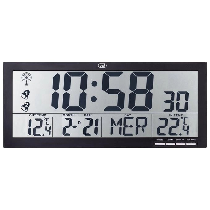 Trevi 0M353000 OM 3530 RC Orologio digitale Radiocontrollato con Sensore Esterno Temperatura Interna e Esterna Sveglia Programmabile Formato 12 24 Ore Display LCD Grande Angolo di Visione Muro Tavolo colore Nero