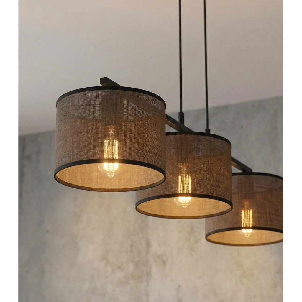 Lampada a sospensione ECO in acciaio nero e tessuto marrone