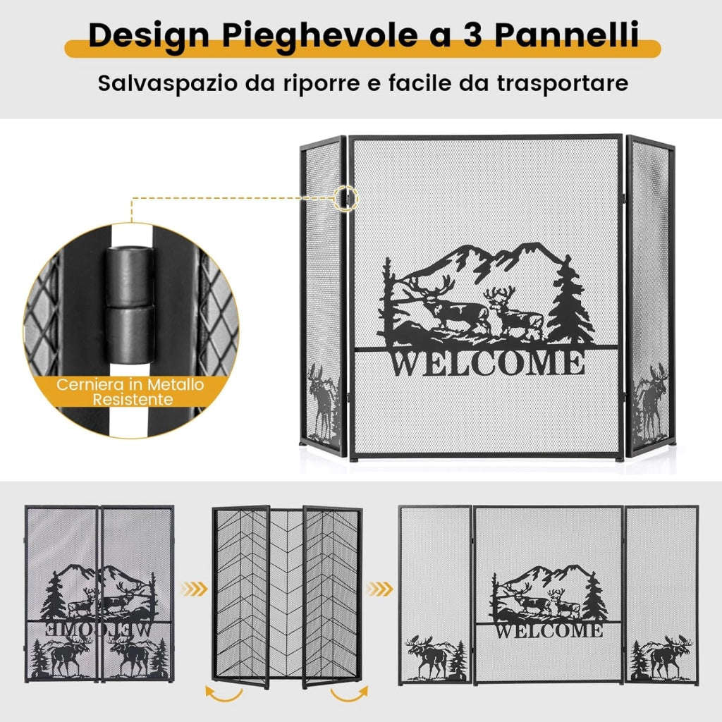 Parascintille per Camino 132 x 79 cm, Paraschizzi Camino Pieghevole a 3 Pannelli con Motivo Bello, Barriera Protettiva Robusta in Metallo per Camino (Stile 1)
