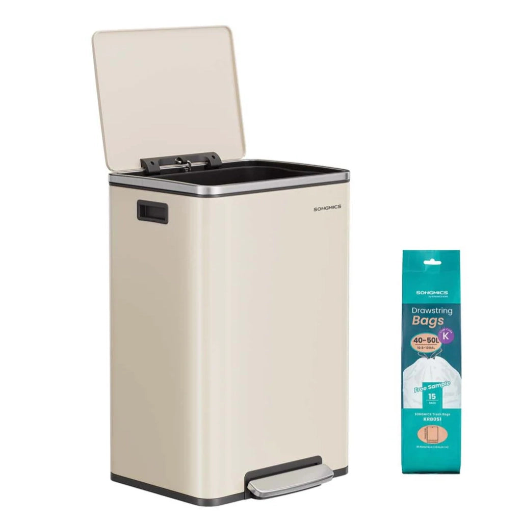 Pattumiera da cucina da 50 litri con 15 sacchetti in acciaio secchio interno in plastica rimovibile con coperchio maniglie con chiusura ammortizzata beige 12_0007183
