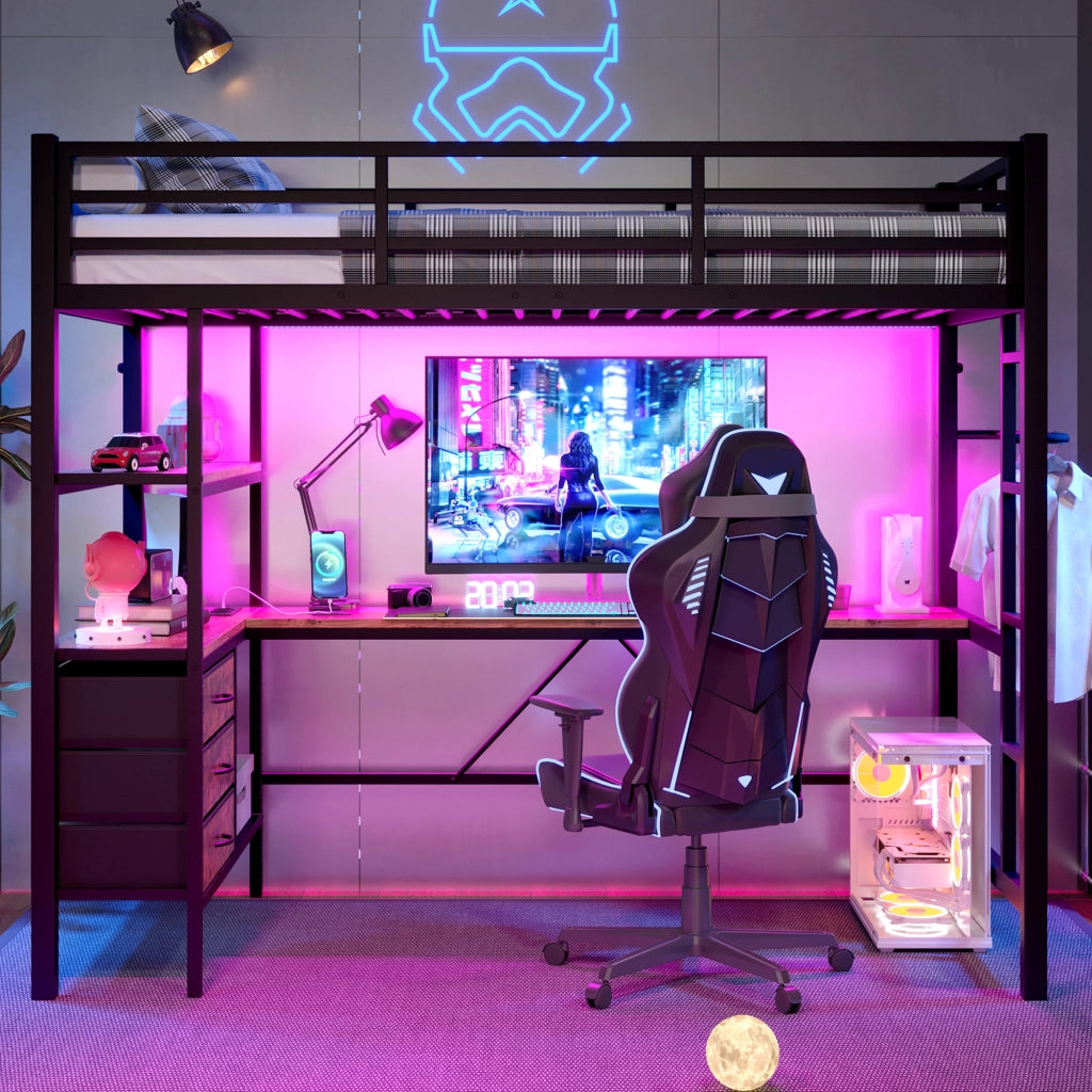 Letto a Soppalco con LED; Scrivania; 3 Cassetti e Ripiani; 90 x 200 cm; senza Materasso; Nero