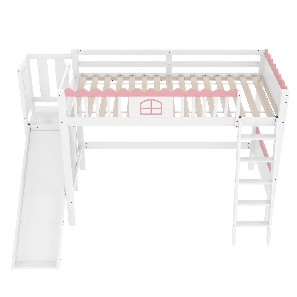 Letto a soppalco singolo 90×200 cm con LED; 3 ripiani e scivolo; senza materasso; pino; bianco