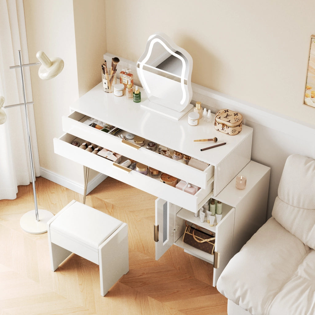 Toeletta bianca con specchio LED e mobile laterale scorrevole