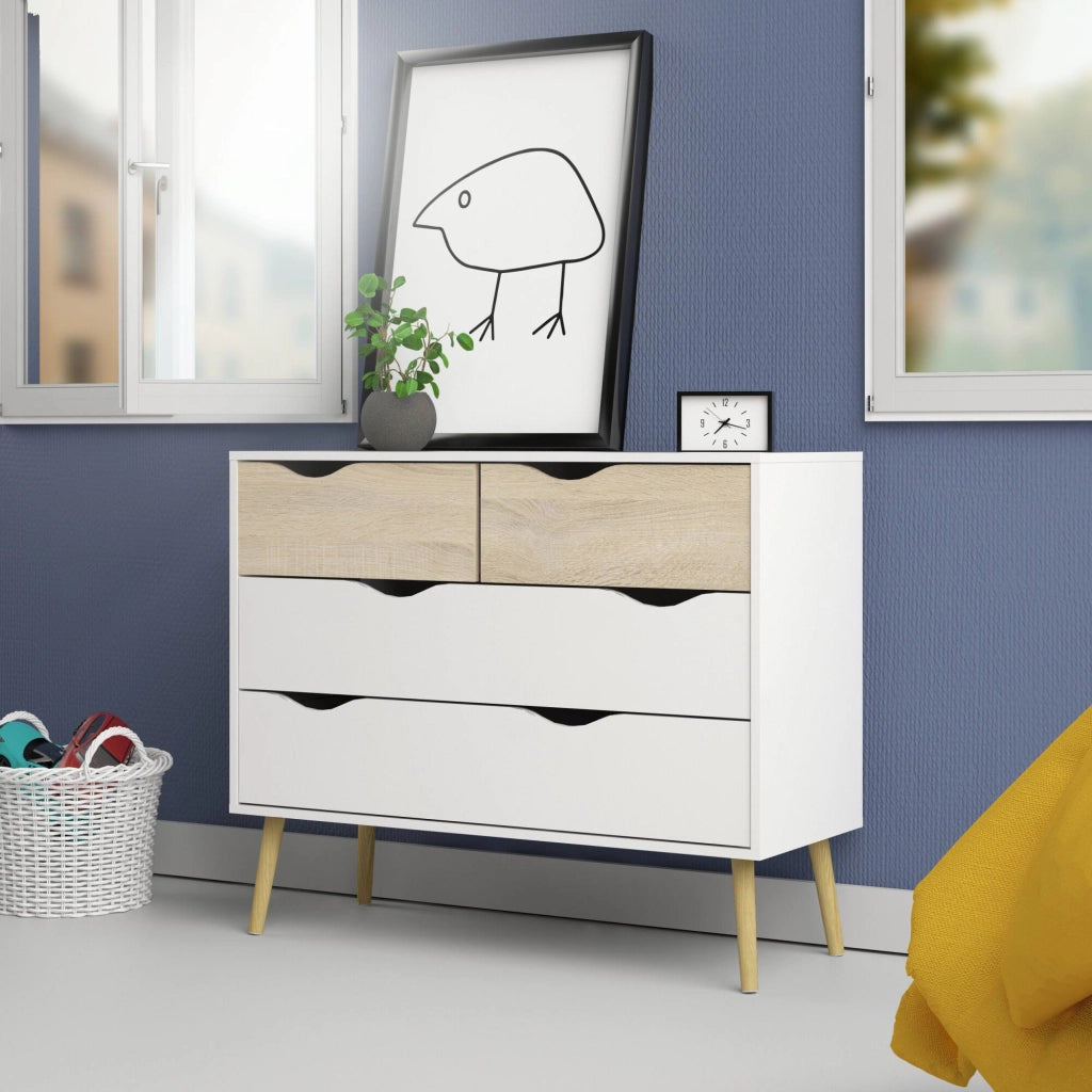 Cassettiera a quattro Azir, colore bianco e rovere, Misure 98 x 81 x 39 cm