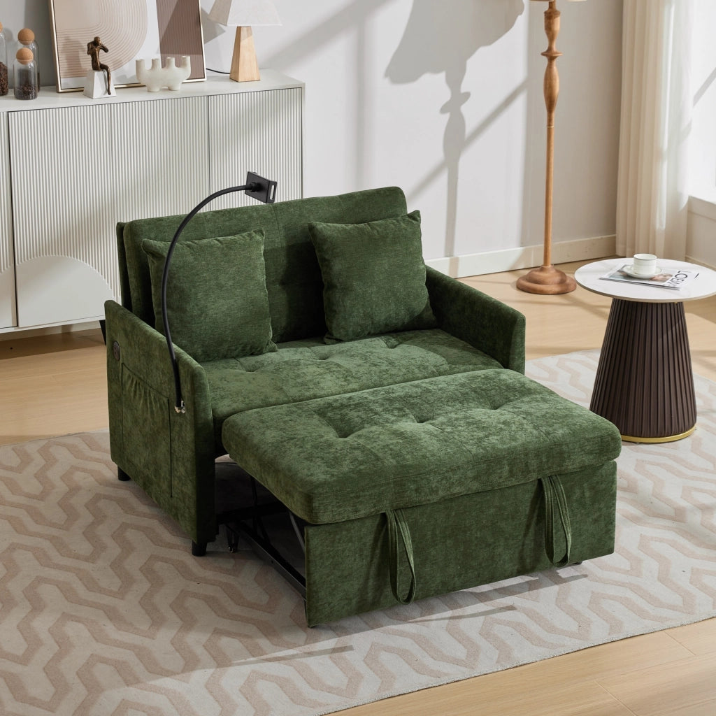 Divano letto moderno con porta USB e supporto tablet in tessuto di lino spazzolato verde 109 × 72 × 83,5 cm