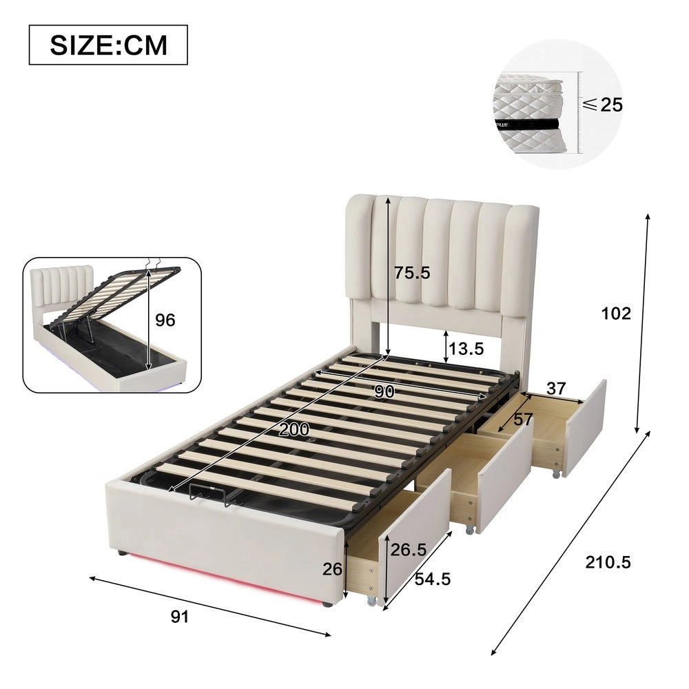 Letto imbottito contenitore con cassetti LED ¨C Minimal ¨C Velluto beige 90x200 cm