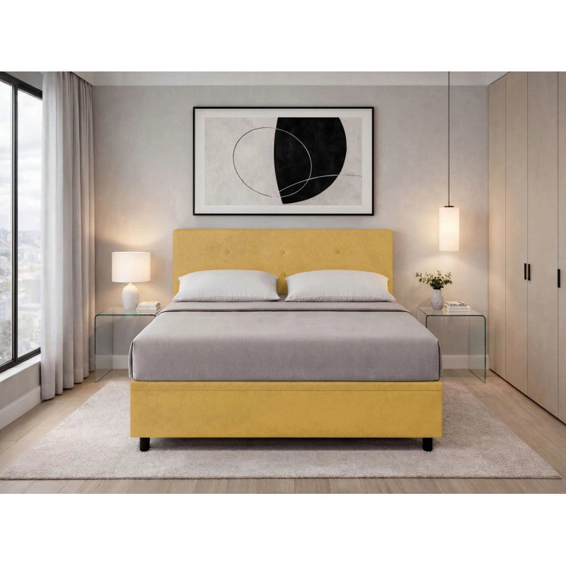 Letto imbottito Letto Matrimoniale alla Francese 140x200 cm Button - Contenitore,Microfibra,Ocra
