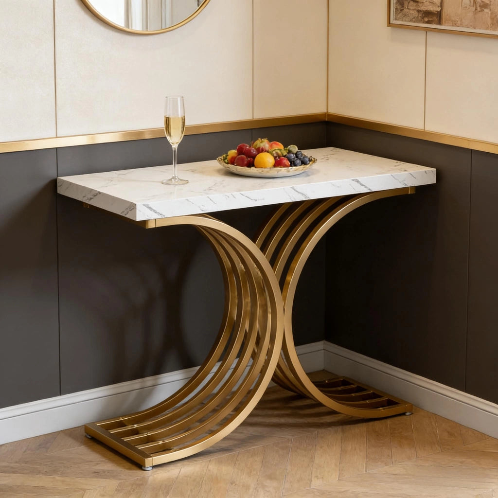 Consolle con piano effetto marmo e struttura in metallo dorato per ingresso e soggiorno bianco e oro 100 × 30 × 80 cm