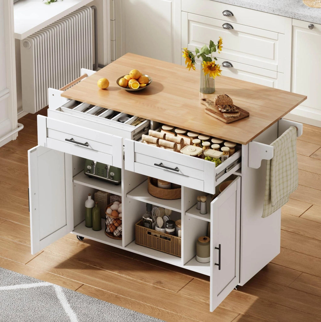 Carrello cucina mobile con piano allungabile 145x70x94;5 cm; bianco in MDF