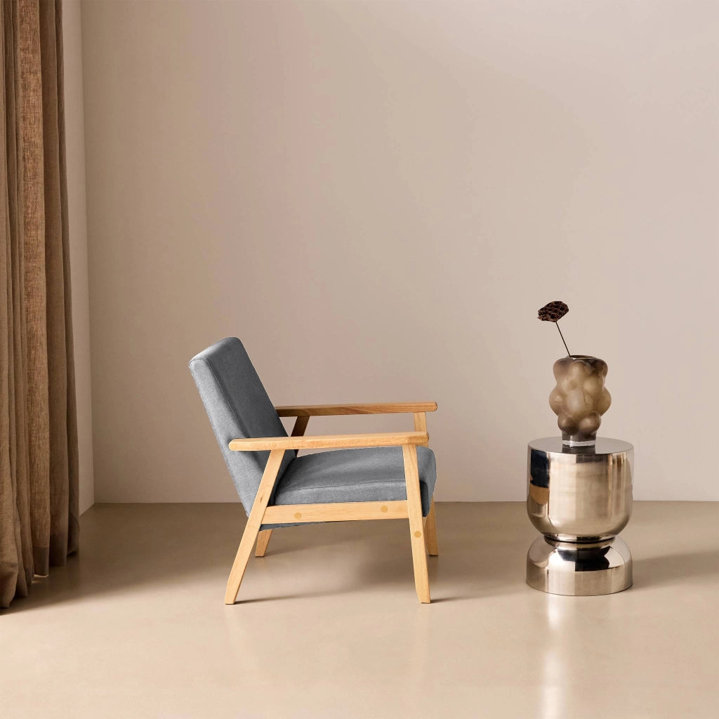 Poltrona scandinava in legno e tessuto, grigio chiaro