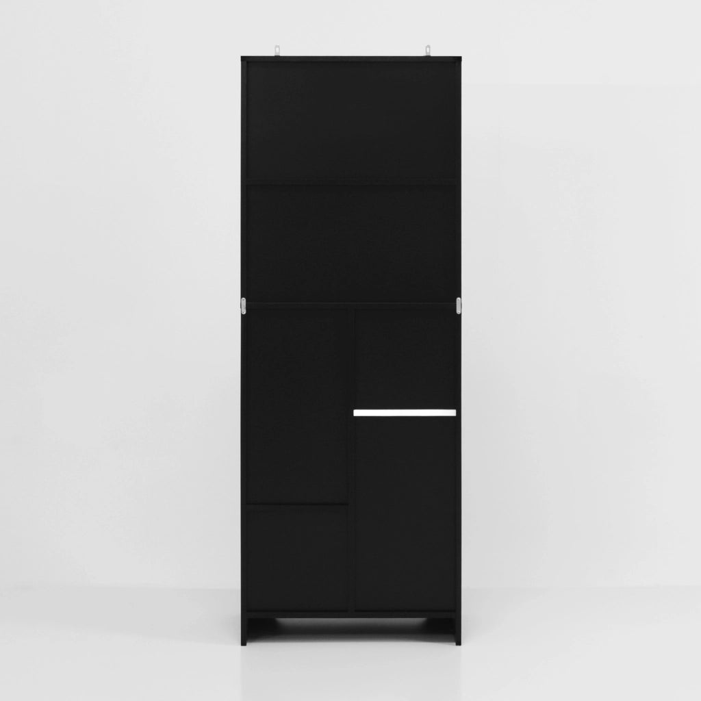 Libreria moderna con vano aperto, ante e cassetti in truciolato nero e bianco per casa 60 × 35 × 160 cm
