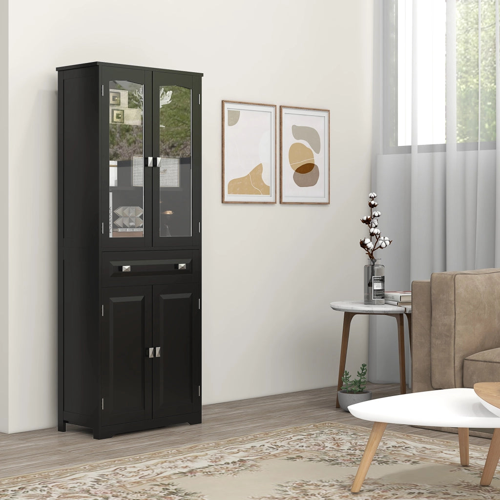 Armadio da Cucina 4 Ante con 2 Ante Vetrate e Cassetto ¨C Zephmum ¨C Nero 160x60x40 cm