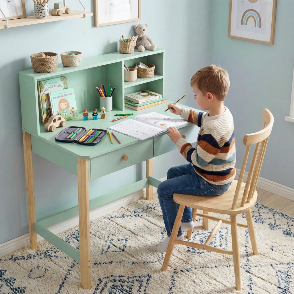 Scrivania per Bambini 5-12 Ani con 3 Ripiani e 2 Cassetti, in Legno, 90x52x105 cm, Verde
