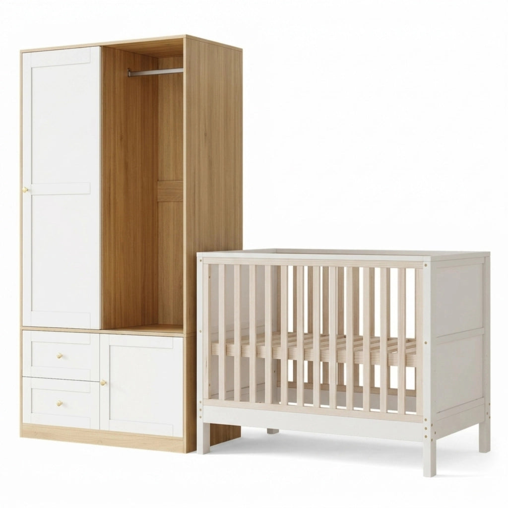 LETTINO E ARMADIO Set 2 pezzi 120x60x90 cm / 90x50x180 cm Bianco/Naturale