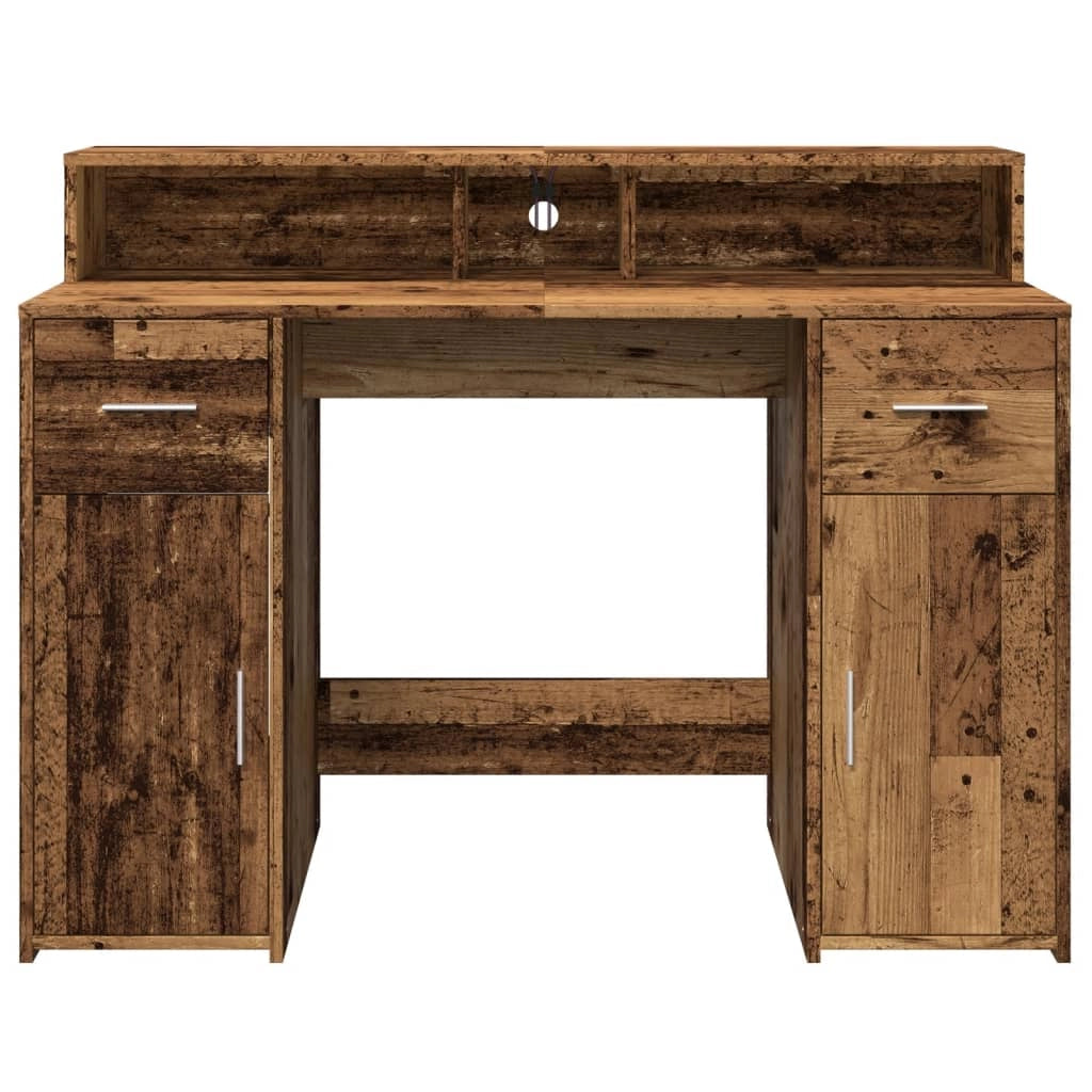 Scrivania tavolo postazione di lavoro mobile per computer studio con luci a LED legno vecchio legno ingegnerizzato marrone 02_0023436