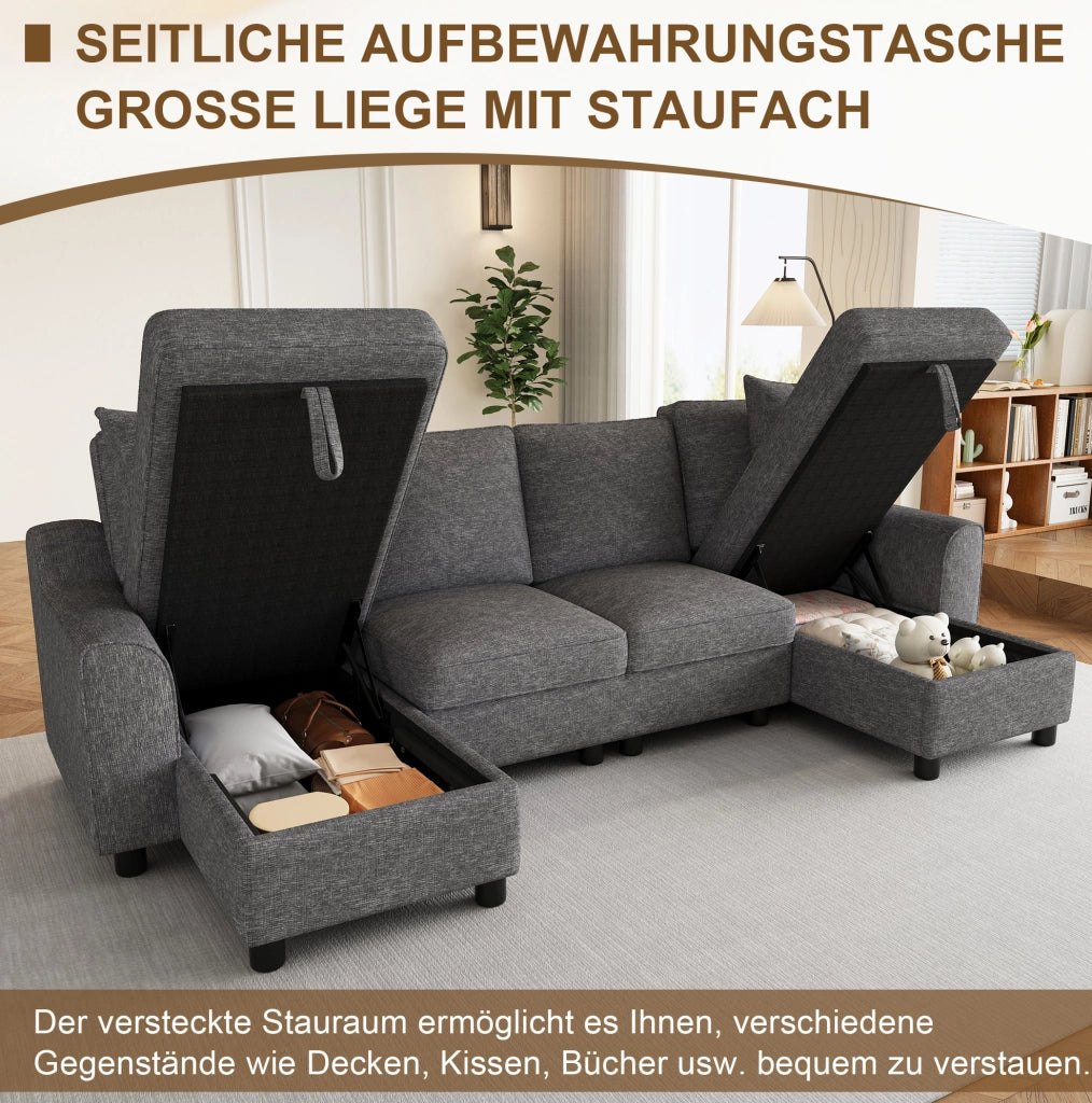 Divano a U in ciniglia grigio con vano contenitore, 280x137x84 cm