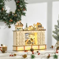 Calendario dell'Avvento in Legno con 24 Cassetti da Riempire, Decorazione con Villaggio di Natale e Luci, 44x10x37cm