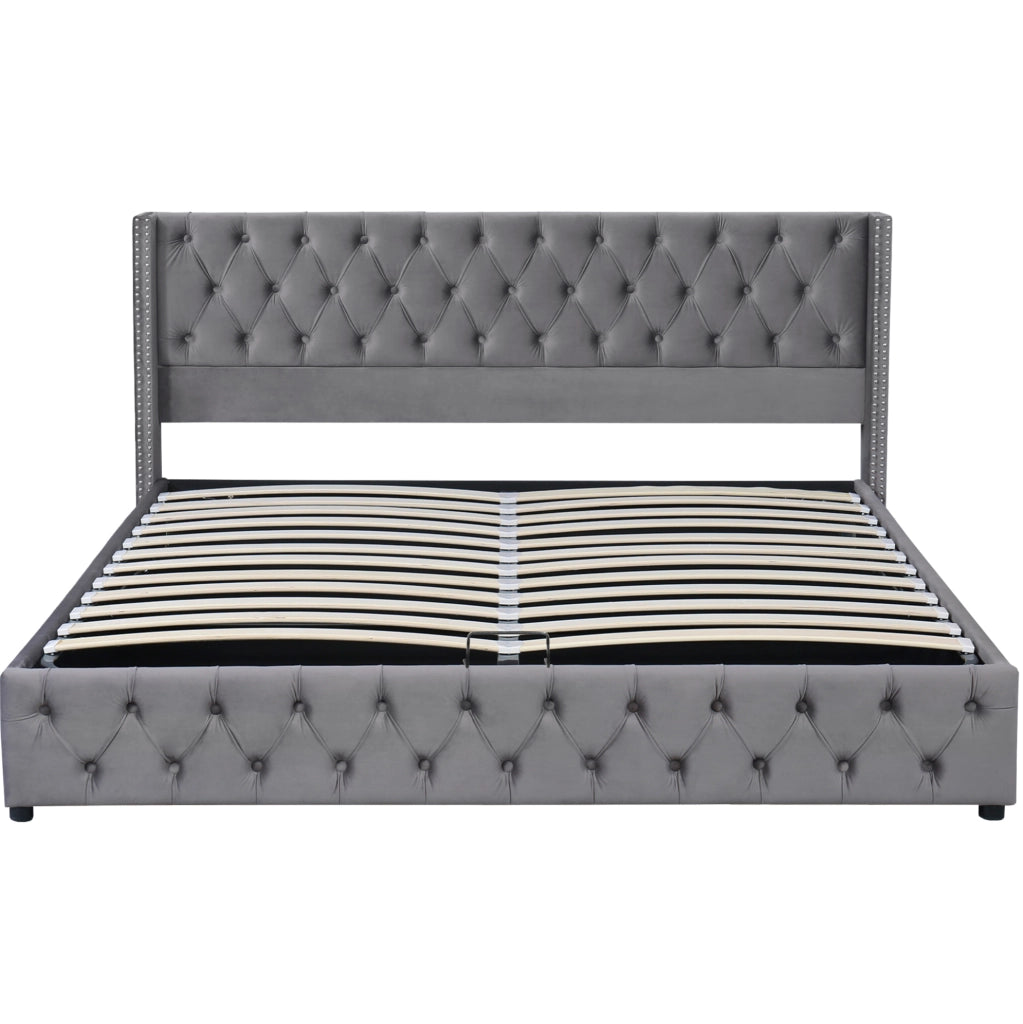 Letto imbottito contenitore 160x200 cm in velluto grigio; stile Chesterfield