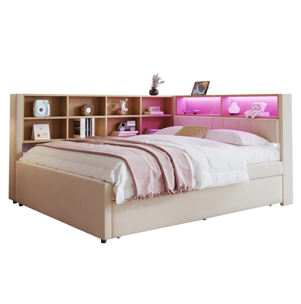 Divano letto multifunzionale 140x200 cm con letto estraibile 90x190 cm; LED e prese; beige