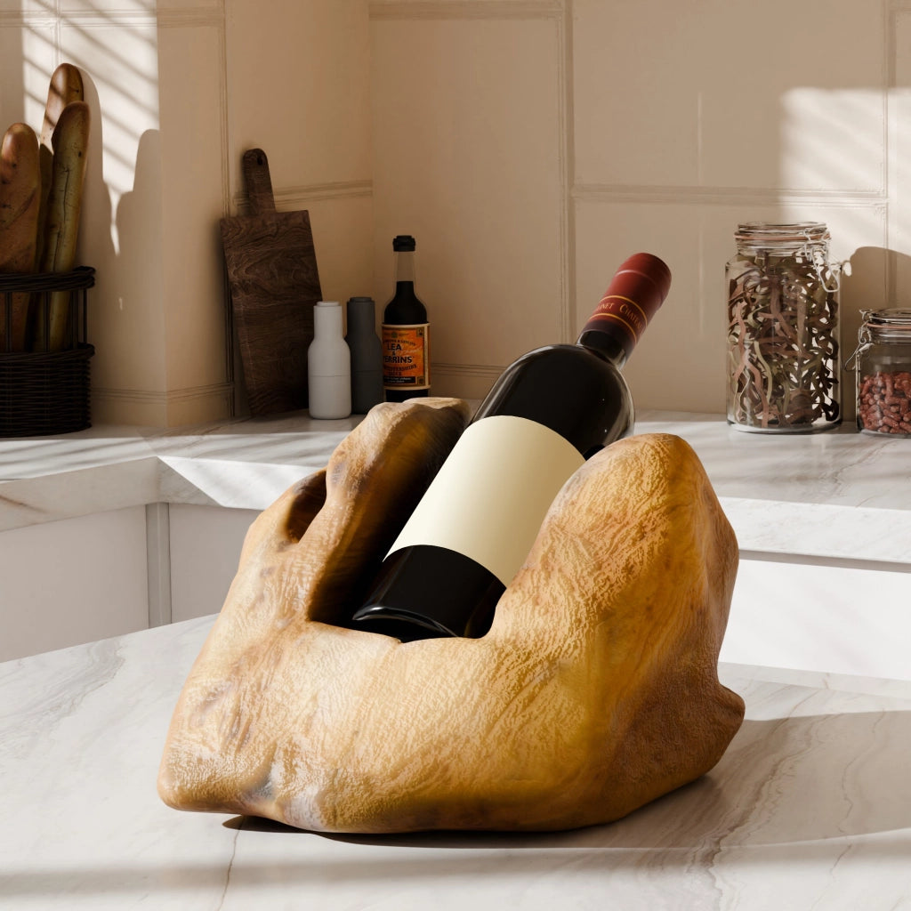 Portabottiglie vino in legno massiccio, supporto singolo irregolare per tavolo, cucina, bar e soggiorno