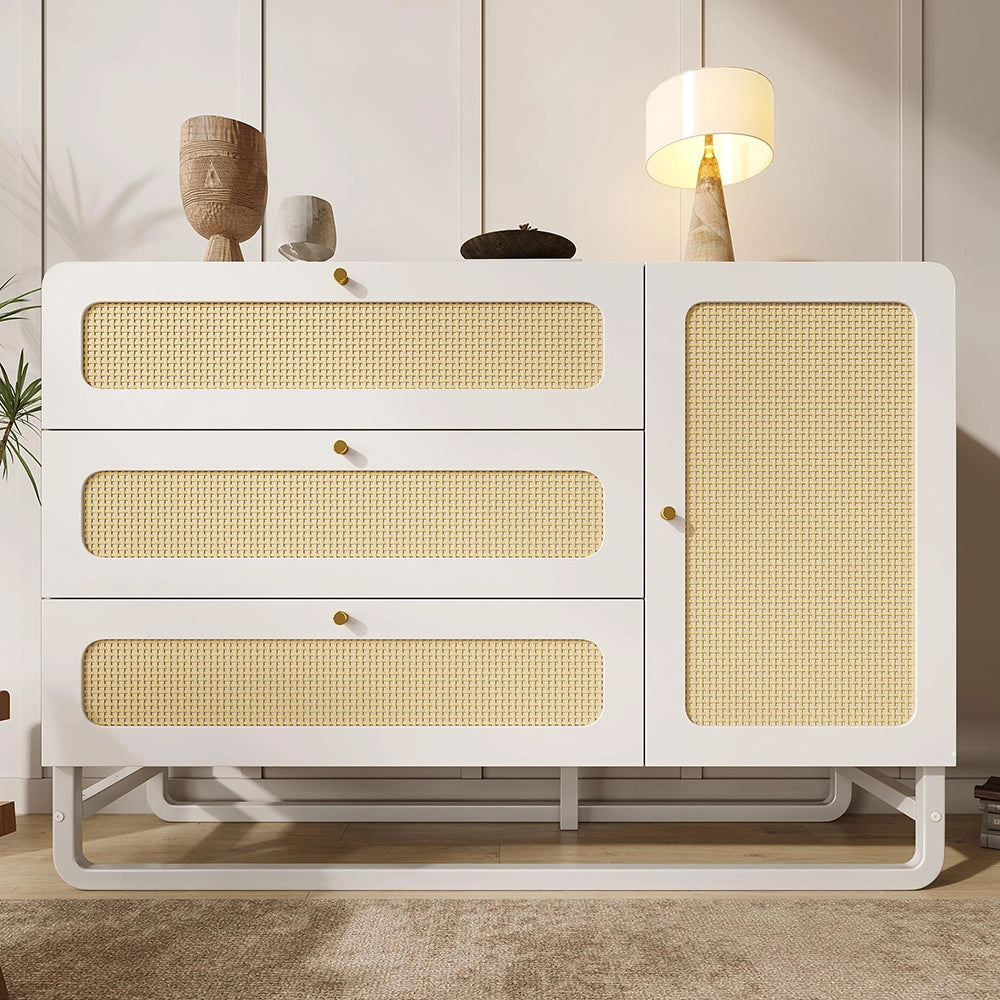Credenza Stile Cottage 120x85x40cm - Xylo - Bianco con 3 Cassetti e Maniglie Vimini