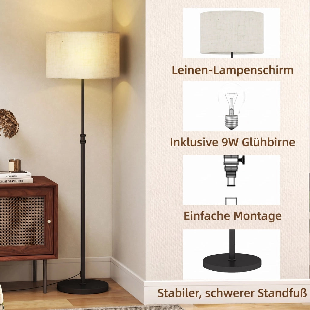 Stehlampe Dimmbar mit Leinenschirm E27 Höhenverstellbar Schwarz