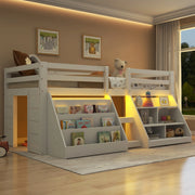 Letto a soppalco 90x200 cm con LED; contenitori aperti; scala e sponde; bianco