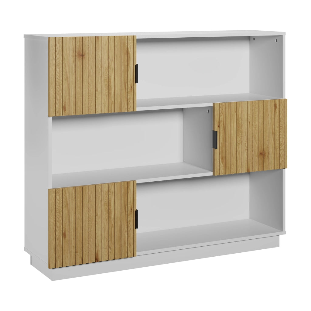 Libreria Bassa Verhundar Scaffale a 3 Livelli con Vani Aperti e Chiusi con Ante 102x120x30 cm Bianco / color Legno [en.casa]