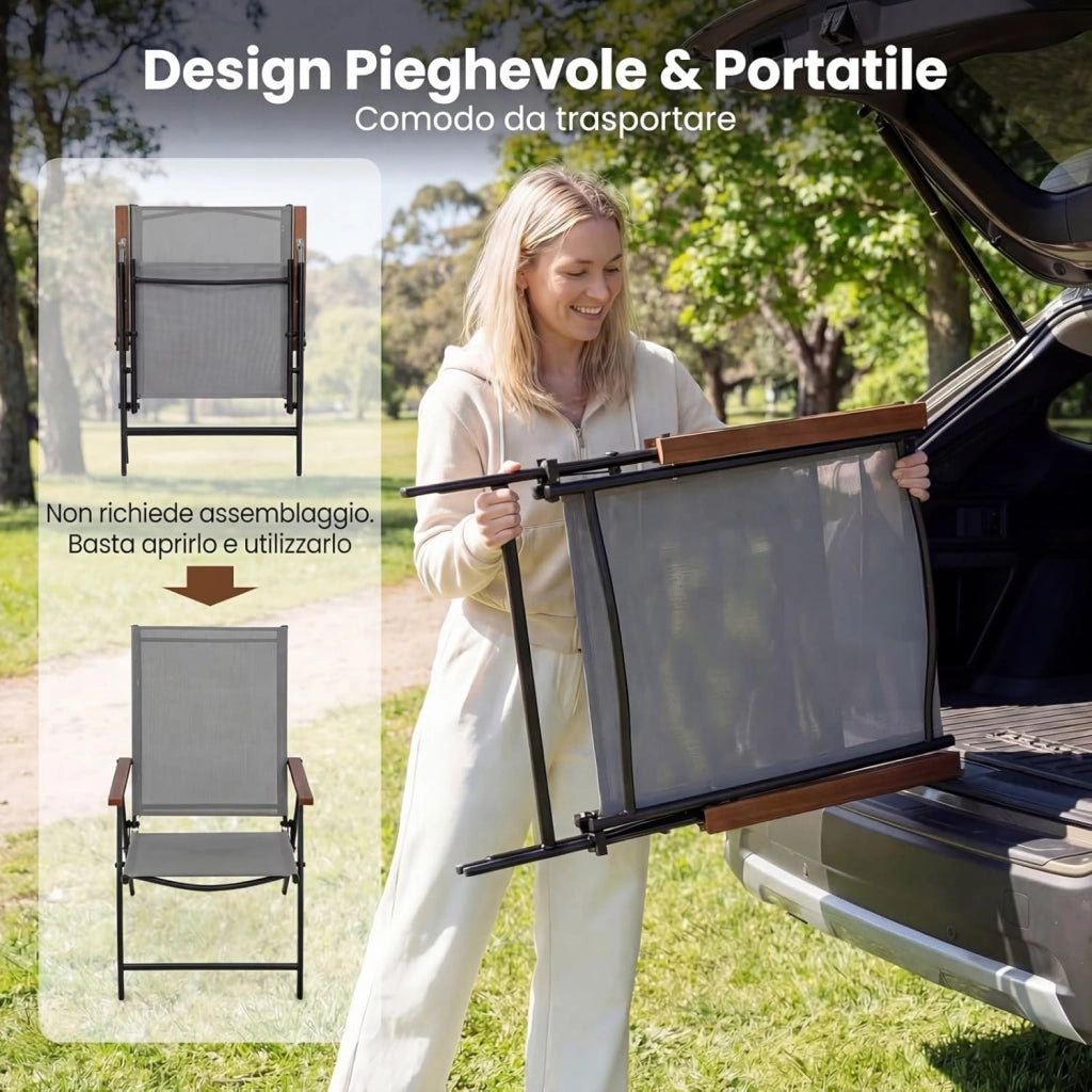 Set di 2/4 Sedie da Giardino Pieghevole, Struttura in Metallo, Poltrona in Tessuto Traspirante, Schienale Regolabile, per Balcone, Giardino, Terrazzo, Portata 150 kg (2,Grigio)