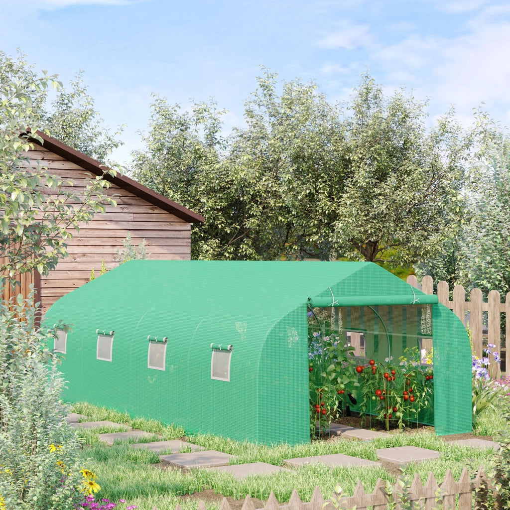 Serra da giardino a tunnel con tetto a doppia falda 595x300x200 cm, copertura verde, struttura in acciaio zincato