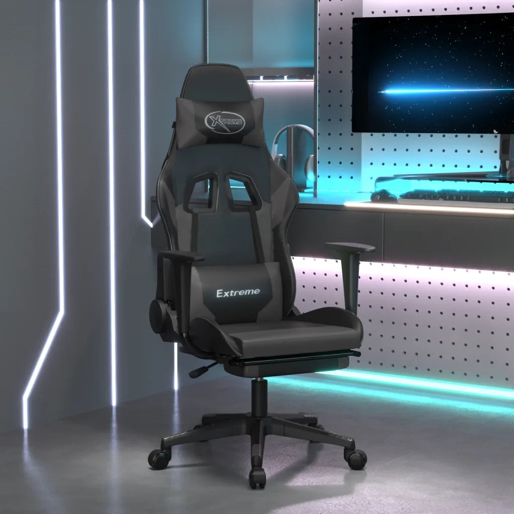 Sedia da Gaming | Sedia da e-sports con Poggiapiedi Nero e Grigio in Similpelle