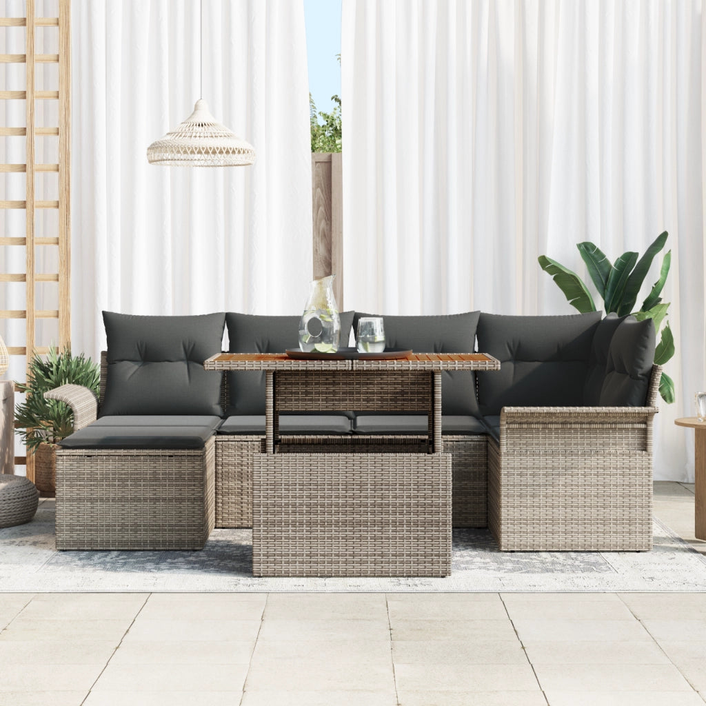 Set da Pranzo da Giardino da 7 Pezzi con Cuscini Grigio in Polyrattan e Acacia