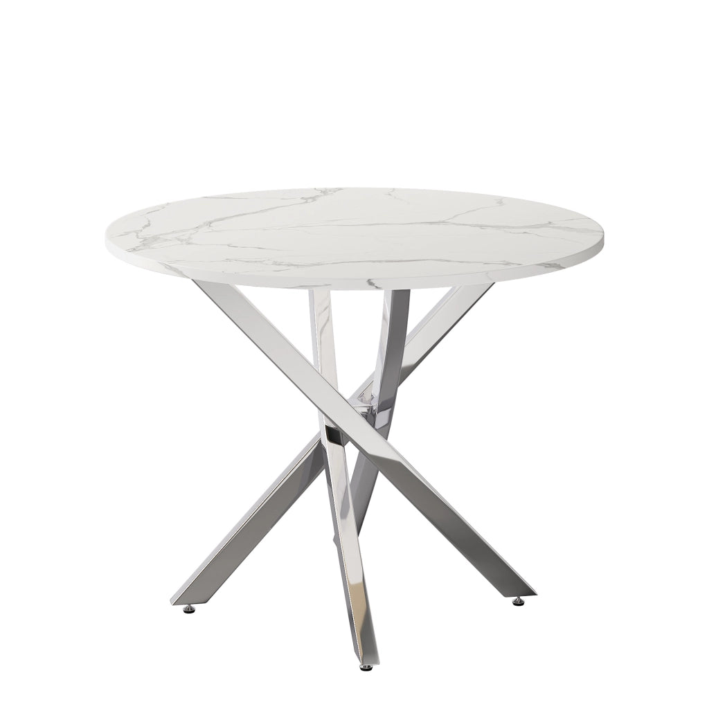 Tavolo rotondo 80 cm con piano effetto marmo; gambe cromate; MDF; bianco e argento