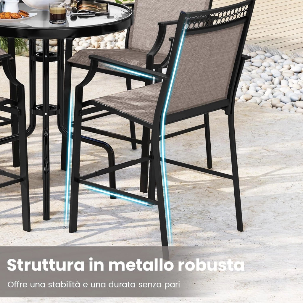Set di 2 Sedie da Giardino, Poltrona da Bar per Patio, Sedie da Pranzo Altezza con Poggiapiedi e Braccioli, con Gambe in Metallo, Portata 180 kg, 66 x 62 x 114 cm (Caffè)