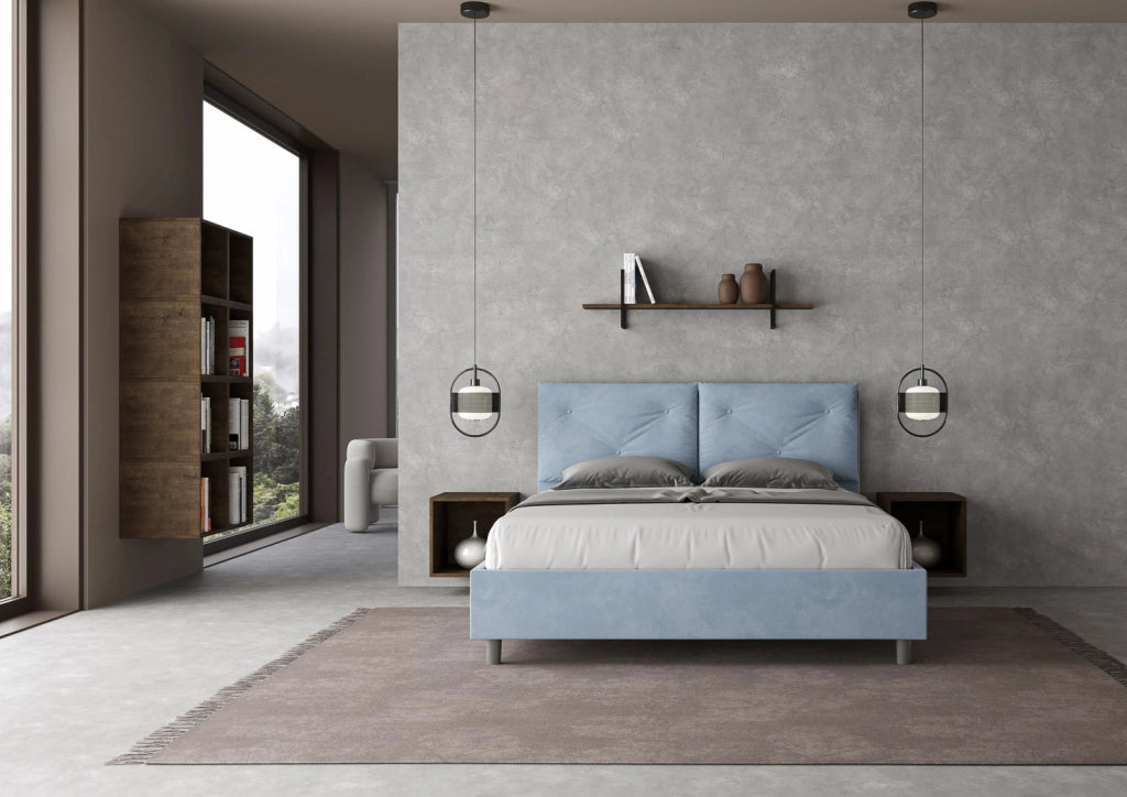 Letto Matrimoniale 160x200 cm con Rete e Contenitore Giroletto con Alzata Comoda Imbottito in Microfibra Appia Azzurro