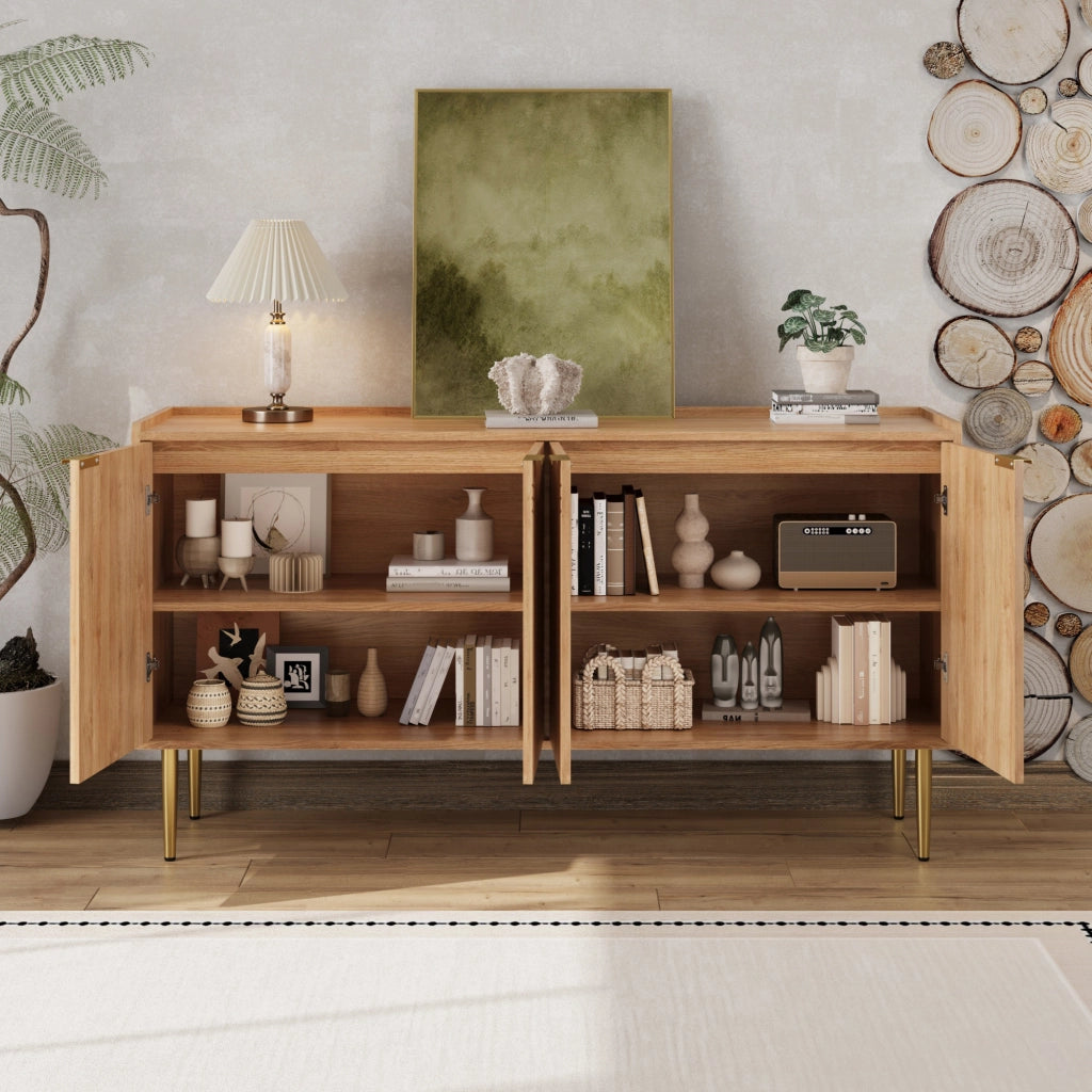 Credenza con 4 Ante e Ripiani Regolabili; Gambe in Metallo Dorato; Stile Moderno; in MDF; Naturale; 140??38??75 cm