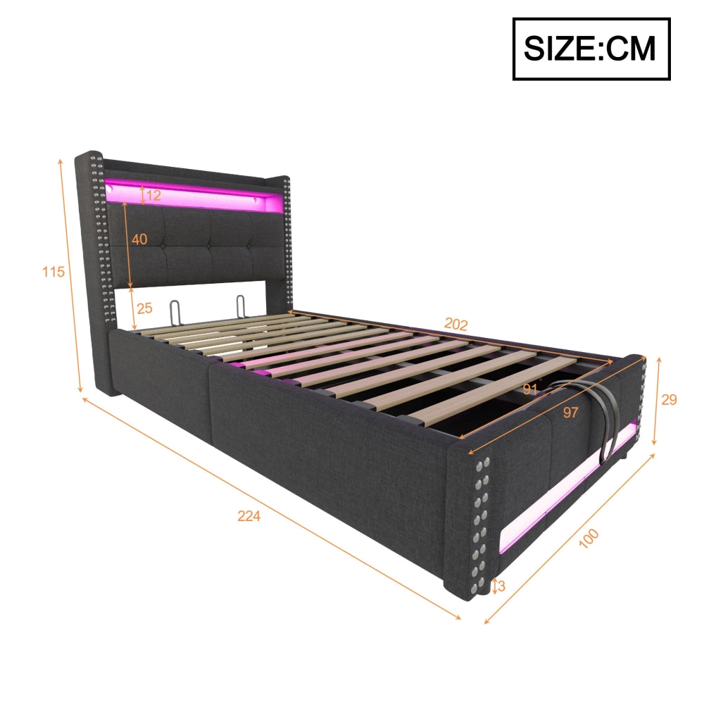 Letto imbottito ULEVR 90x200 cm con contenitore idraulico, LED multicolore e presa USB, lino grigio