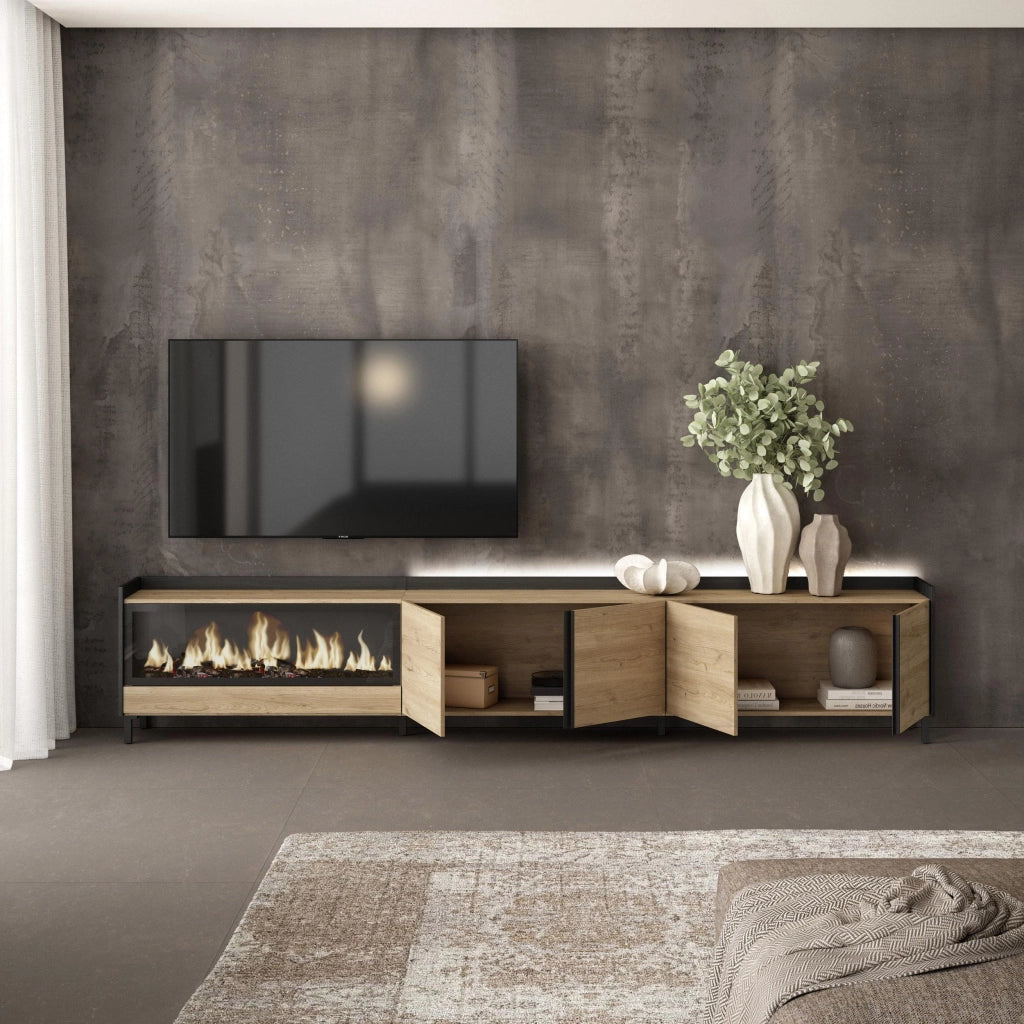 Mobile TV Soggiorno, 315x61x35 cm, Per TV fino a 80", Camino elettrico XXL, Design industriale, LED, Rovere e nero