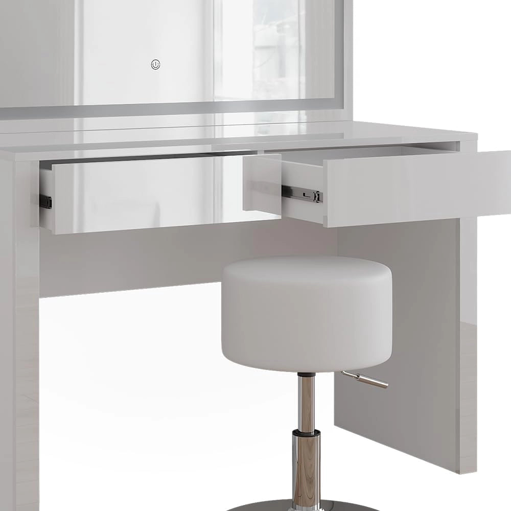 Tavolo da toilette Annabelle, Bianco lucido/bianco, 110 cm con specchio LED e sgabello, Tiene sempre a portata di mano i prodotti di uso quotidiano