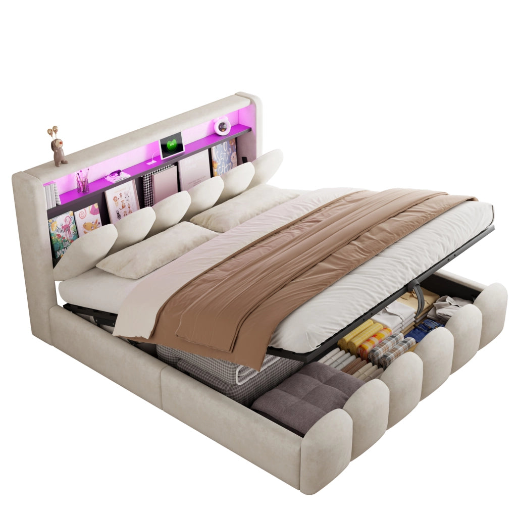 Letto imbottito beige 180 x 200 cm con contenitore, LED e prese