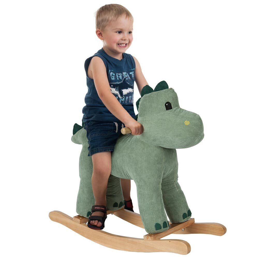 Dinosauro a Dondolo Verde in Peluche con Suoni Realistici Base in legno 3+