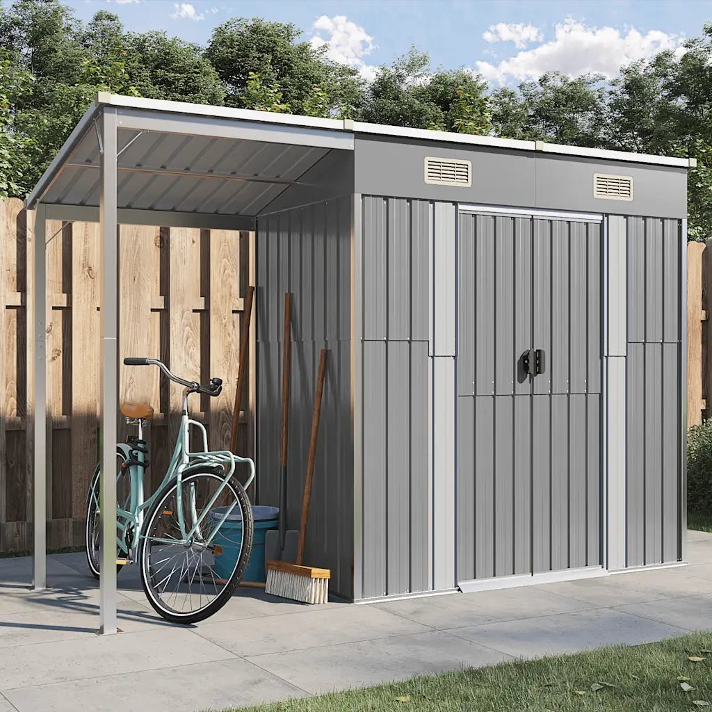 Casetta da giardino con tetto allungato grigio chiaro 277x107x181 cm in acciaio 364525