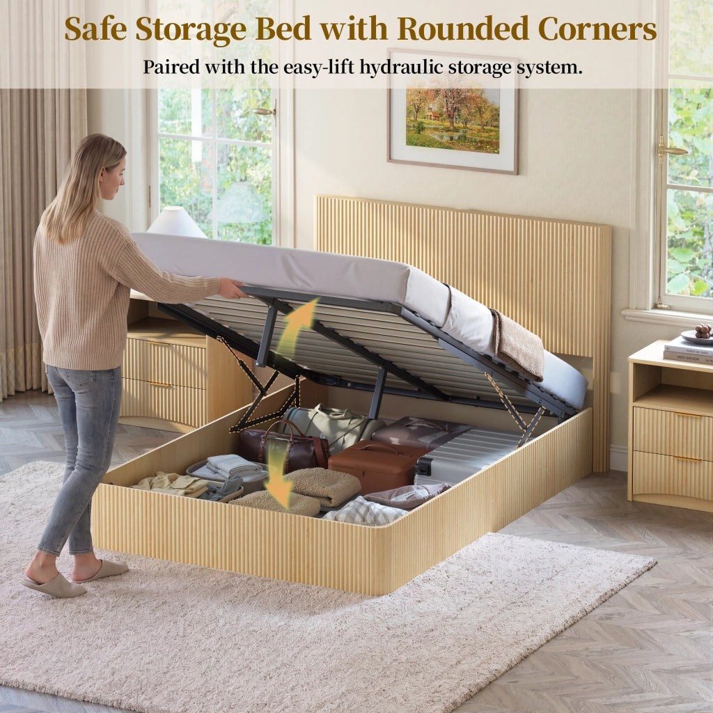 Letto contenitore 140 × 200 cm con sistema di sollevamento idraulico, ampia capacità, senza materasso, rovere chiaro