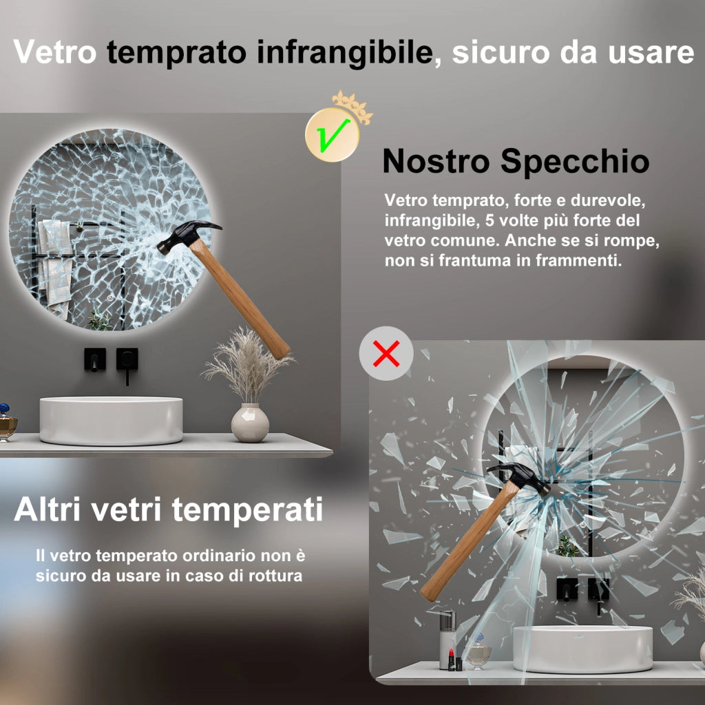 AICA Specchio da bagno 70 x 70 cm, antiappannamento, dimmerabile, interruttore touch, Funzione Memoria
