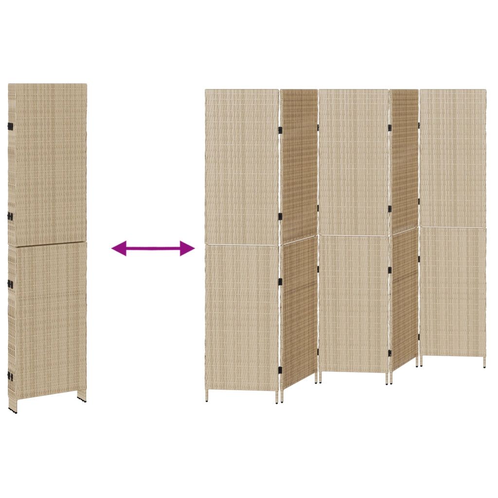 Paravento 5 Pannelli Pieghevole Beige 245x180 cm Poly Rattan