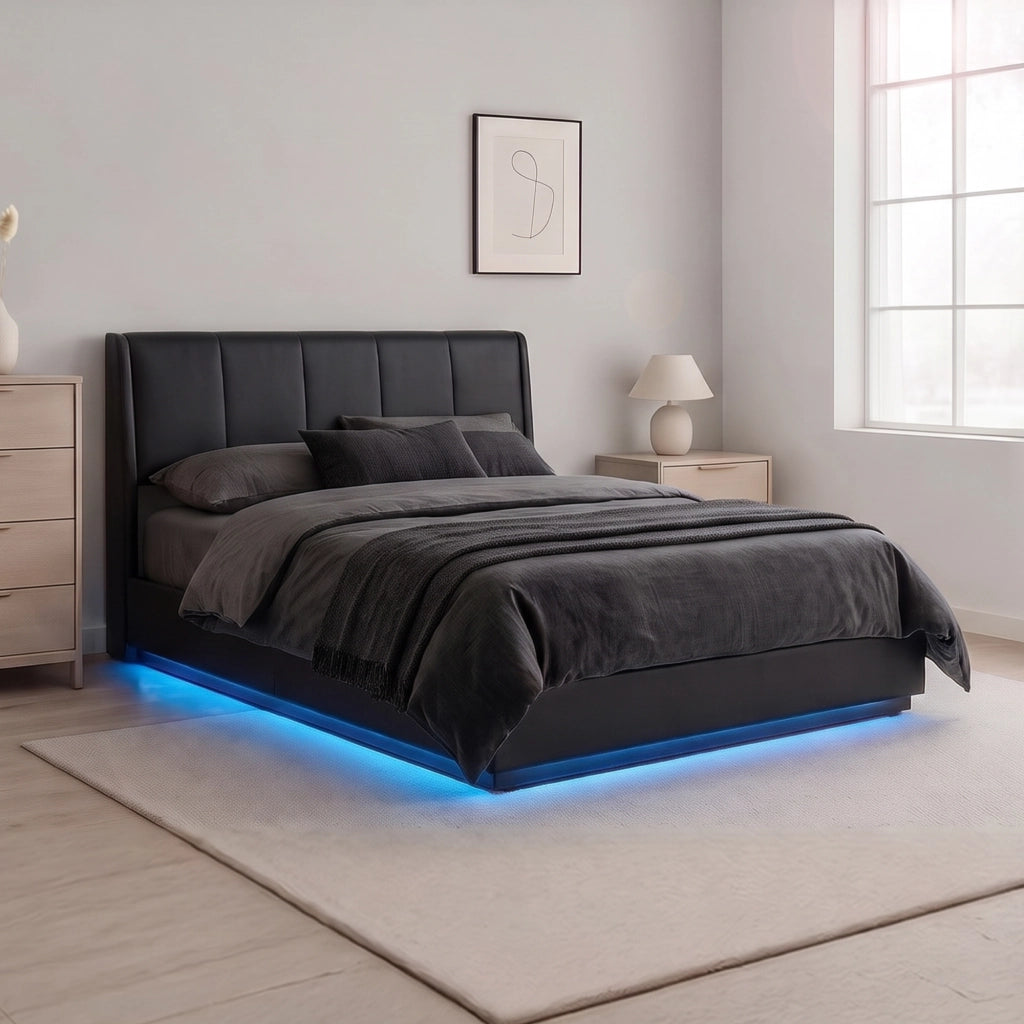 Letto Francese Contenitore Tröstiar con Apertura a Ribalta e Luce LED 140x200 cm - Similpelle Nero [en.casa]