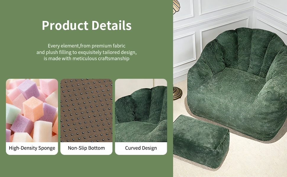 Fauteuil con pouf in ciniglia con schienale a petali e imbottitura ad alta resilienza verde scuro per relax