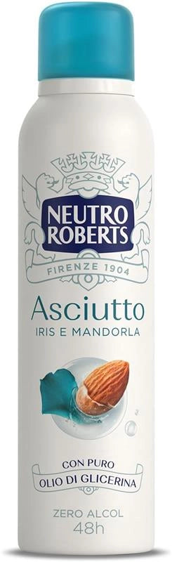 NEUTRO ROBERTS DEODORANTE SPRAY CON PURO OLIO DI GLICERINA ZERO ALCOL 48H DI PROTEZIONE ASCIUTTO CON IRIS E MANDORLA 150 ML