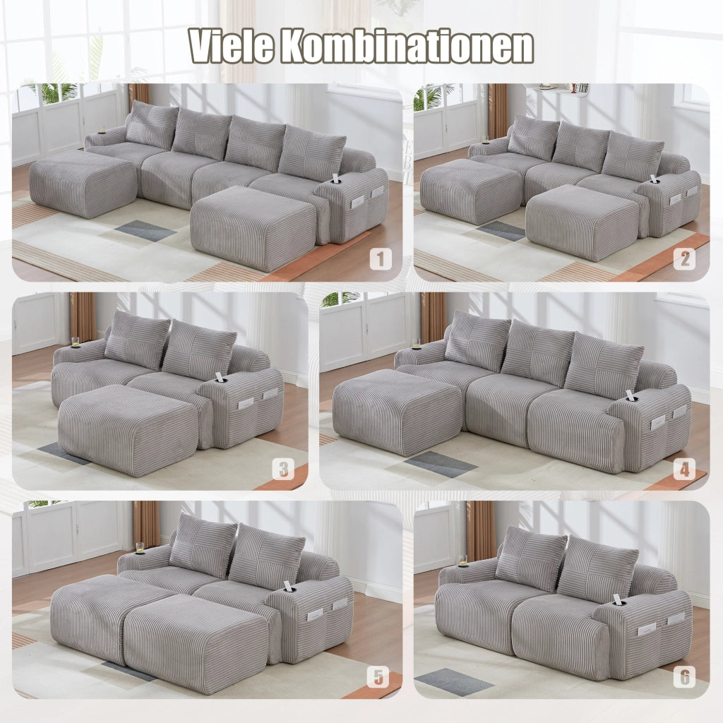 DIVANO modulare 4 posti 333x174x80 cm in corduroy grigio chiaro